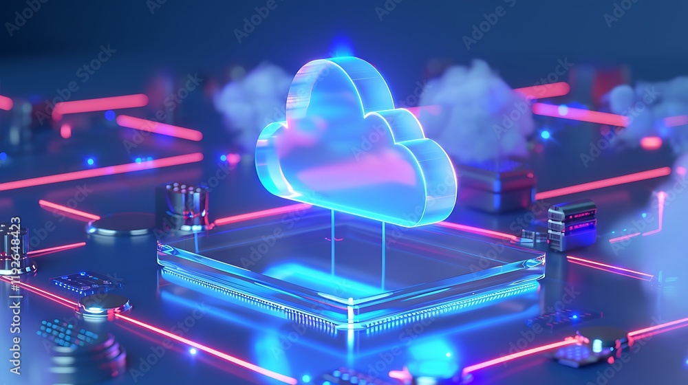 Poster futuristic cloud computing concept with neon lights and circuit board elements in digital environmen