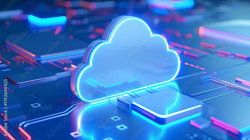 Poster futuristic cloud computing concept with neon lights and circuit board elements in digital space