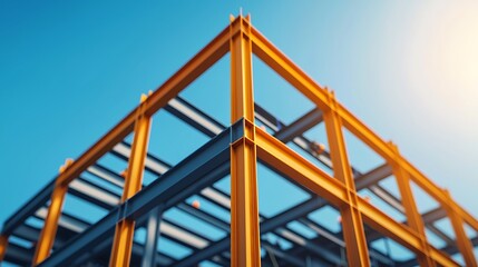 A vibrant construction framework under a clear blue sky, showcasing a mix of orange and blue steel beams in a modern architectural design.