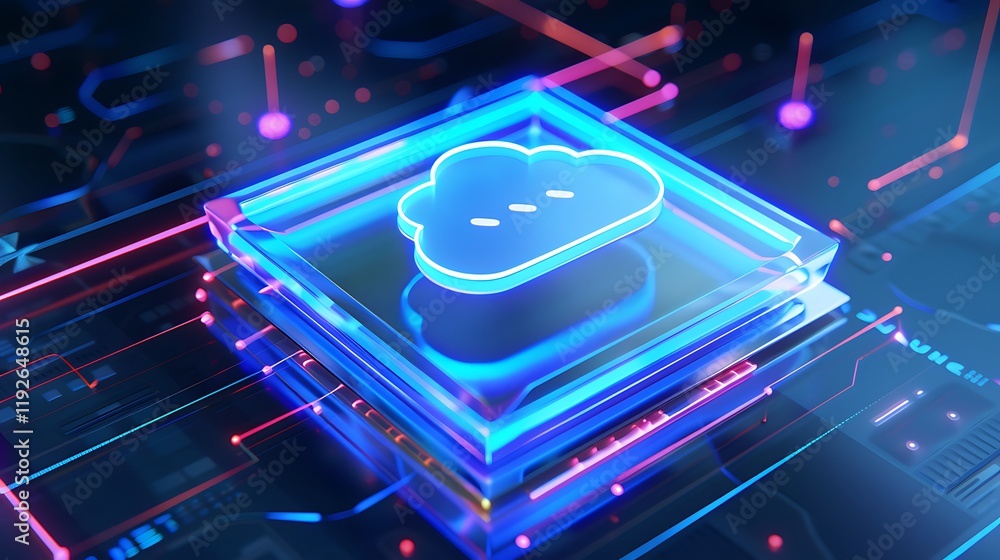Poster futuristic cloud computing concept with neon lights and digital circuitry on a dark background