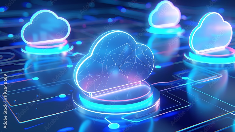 Poster futuristic cloud computing concept with neon lights and digital connections on a dark background