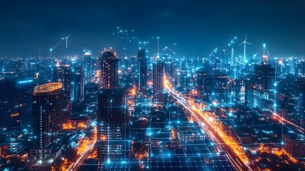 Fototapeta premium A visual of a city powered by renewable energy sources, including solar panels and wind turbines, representing the transition to decarbonization and carbon neutrality 