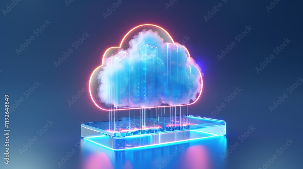 Poster futuristic cloud computing concept with neon lights and digital elements on a blue background