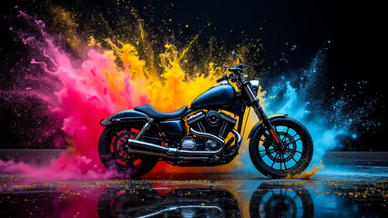 A sleek motorcycle surrounded by vibrant clouds of colorful powder creating an energetic atmosphere. The setting emphasizes movement and excitement in a dynamic outdoor environment.