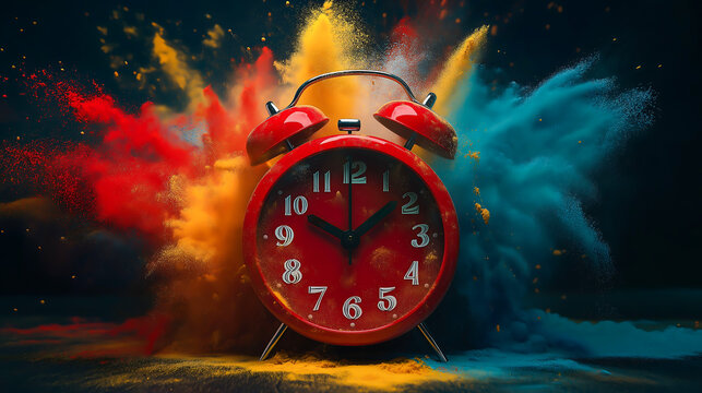 A alarm clock that rings with colorful powder explosion