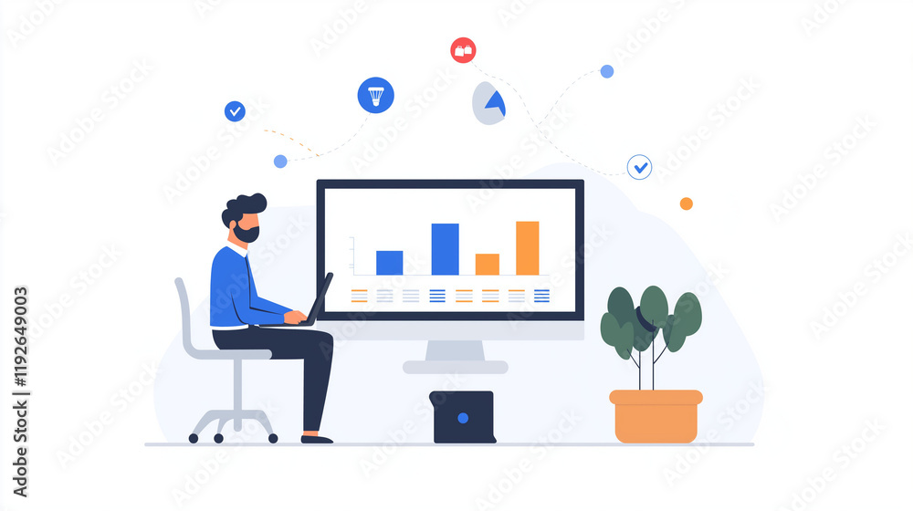 Poster data-driven decisions: a focused businessman sits at his desk, analyzing data on his computer screen