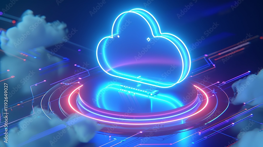 Poster futuristic cloud computing concept with neon lights and technology background for digital innovation