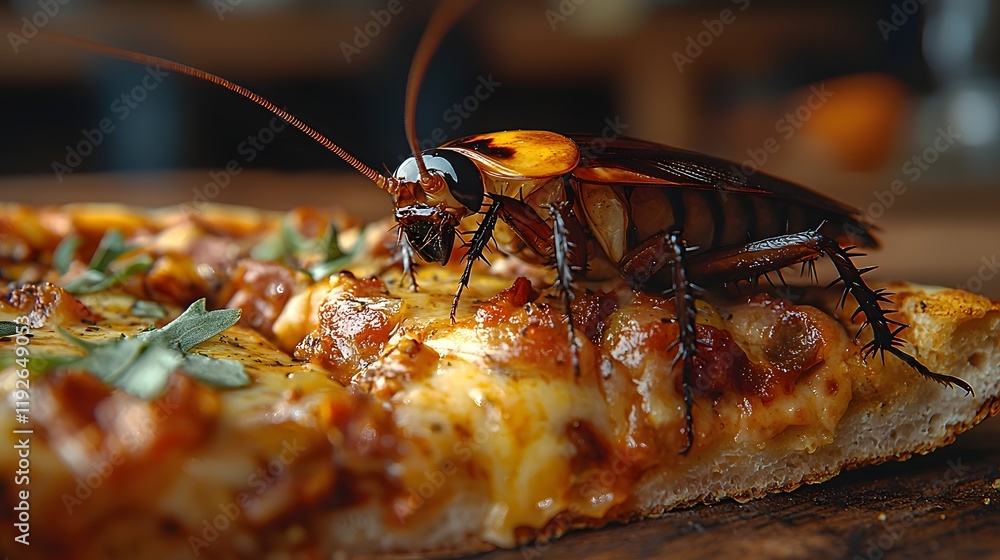 Poster cockroach crawling on greasy slice of pizza with contrasting glossy shell