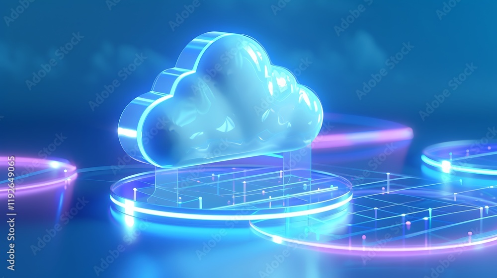 Poster futuristic cloud computing concept with neon lights for digital technology and data management