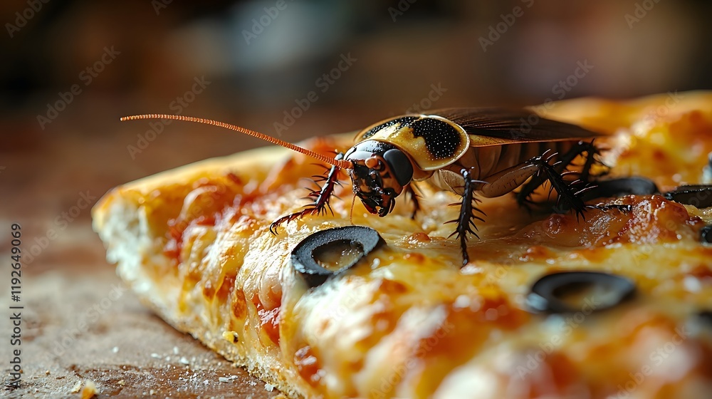 Poster cockroach crawling on a half eaten greasy pizza slice with contrasting glossy shell and cheesy surfa