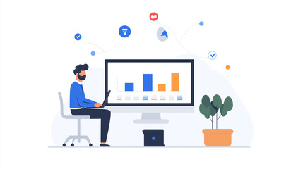 Naklejka premium Data-Driven Decisions: A focused businessman sits at his desk, analyzing data on his computer screen, symbolizing the power of data-driven decisions in modern business. 