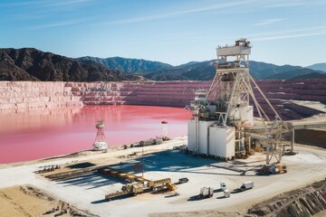 Mountaintop removal mining operation transforming landscape with pink water
