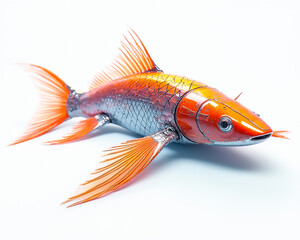 Fototapeta premium A striking fish sculpture features vibrant orange and silver colors, showcasing intricate details in the fins and body. The artwork stands out against a pure white backdrop.