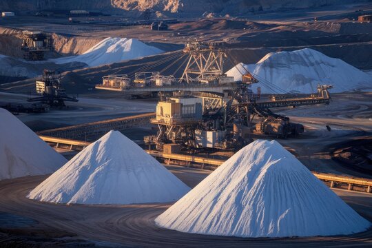 Potassium chloride extracted in a potash mining site at sunset