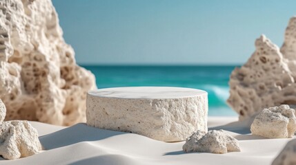 Summer vacation Beach Podium. Modern aesthetic sea and sand podium abstract scene. Empty stage minimalistic boho design background. Stand product showcase.