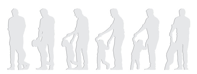 Vector concept conceptual  gray paper cut silhouette of a father playing with his  son from different perspectives isolated on white. A metaphor for parenting, fatherhood, childhood, family and love