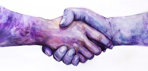 Fototapeta premium Abstract watercolor handshake in rich shades of purples and silvery grays, soft blending creating a sense of connection