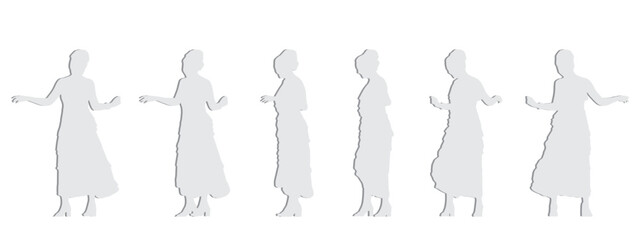 Vector concept conceptual  gray paper cut silhouette of a woman in a dress dancing  from different perspectives isolated on white. A metaphor for expression, relaxation, leisure and lifestyle