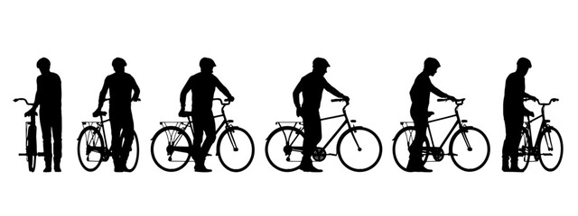 Vector concept conceptual black silhouette of a man riding a bicycle from different perspectives isolated on white background. A metaphor for sport, fitness, competition, health, leisure and lifestyle
