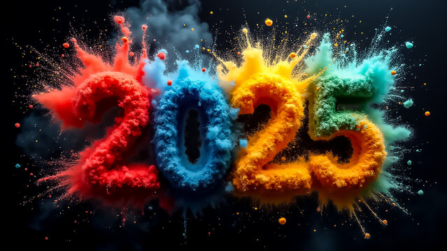 A vibrant display of colored powder bursts into a cloud, forming the numbers 2025. This composition conveys excitement and celebration, suitable for upcoming festivities.
