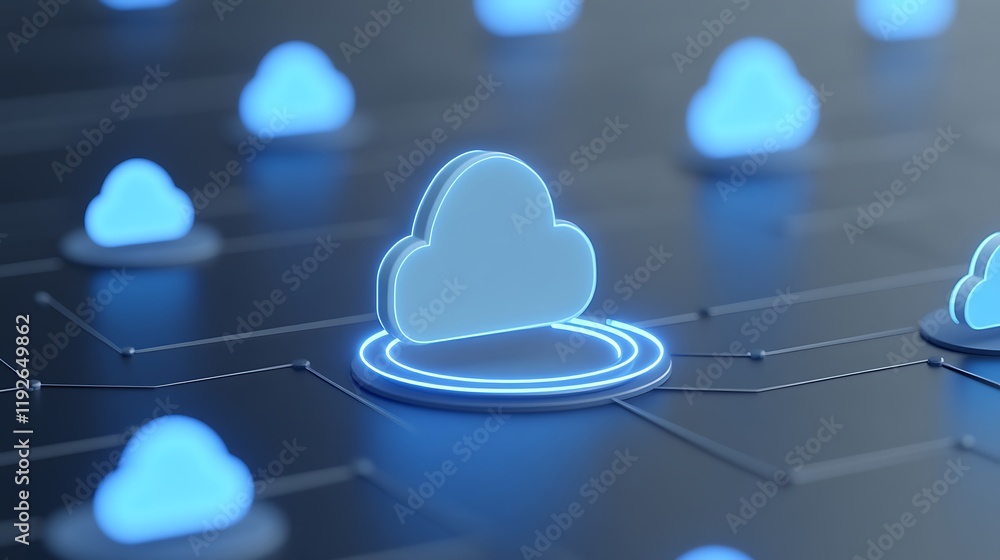 Aufkleber futuristic cloud computing network with glowing clouds and digital connections on dark background