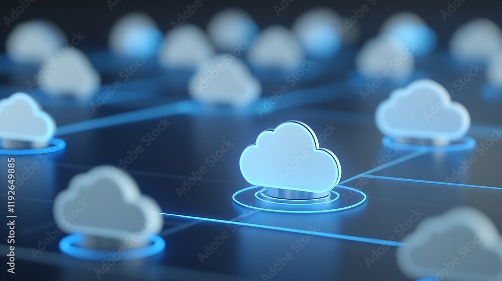 Poster futuristic cloud computing network with glowing icons and interconnected digital technology elements