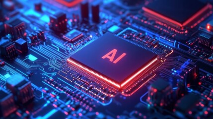 Fototapeta premium Futuristic Circuit Board with AI Processor and Neon Lights
