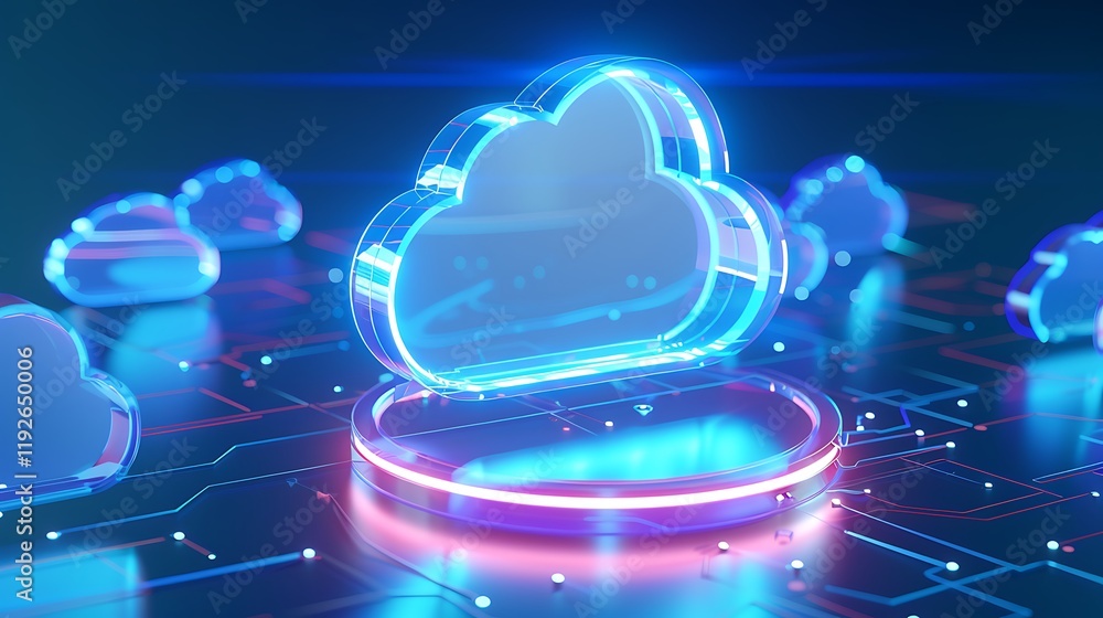 Poster futuristic cloud computing network with neon circuits and abstract digital cloud icons in blue light