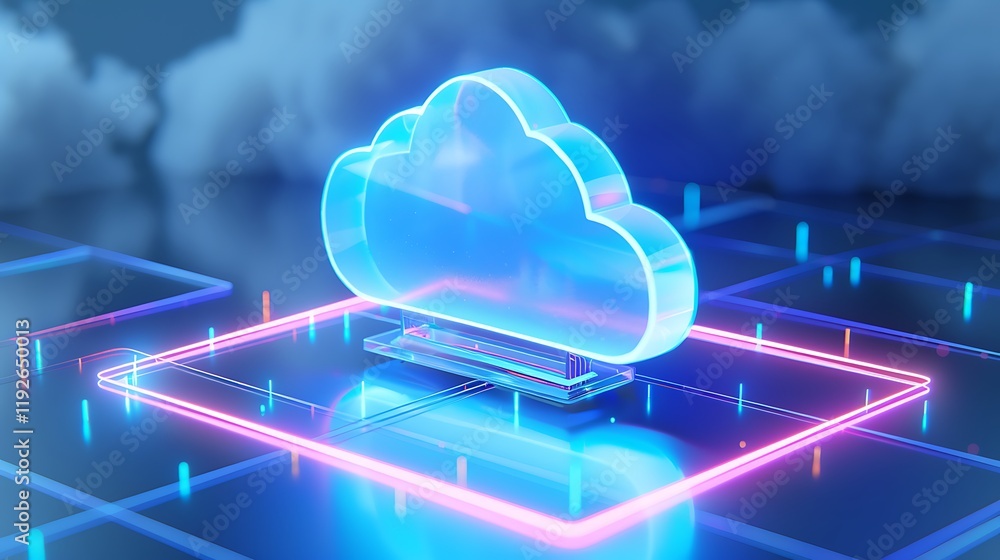 Poster futuristic cloud computing technology concept in neon light with abstract digital background