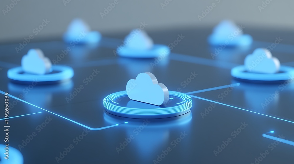 Poster futuristic cloud computing technology concept with abstract connection nodes on dark background
