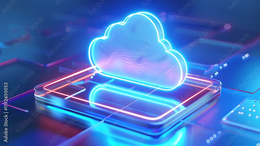 Poster futuristic cloud computing technology concept with neon glow and data storage representation