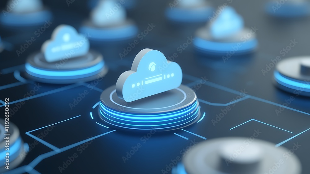 Poster futuristic cloud computing technology with digital circuits and data transfer symbols in blue lighti