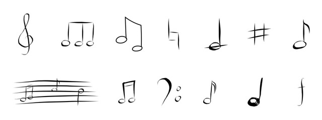 Music note hand drawn sketch silhouette, cute doodle melody. Line music elements. Simple marks, sound.