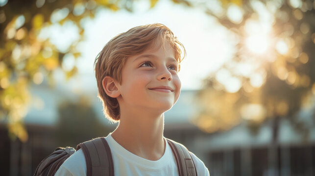 smiling middle school boy with backpack enjoys sunny day outdoors, surrounded by nature. His joyful expression reflects happiness and curiosity