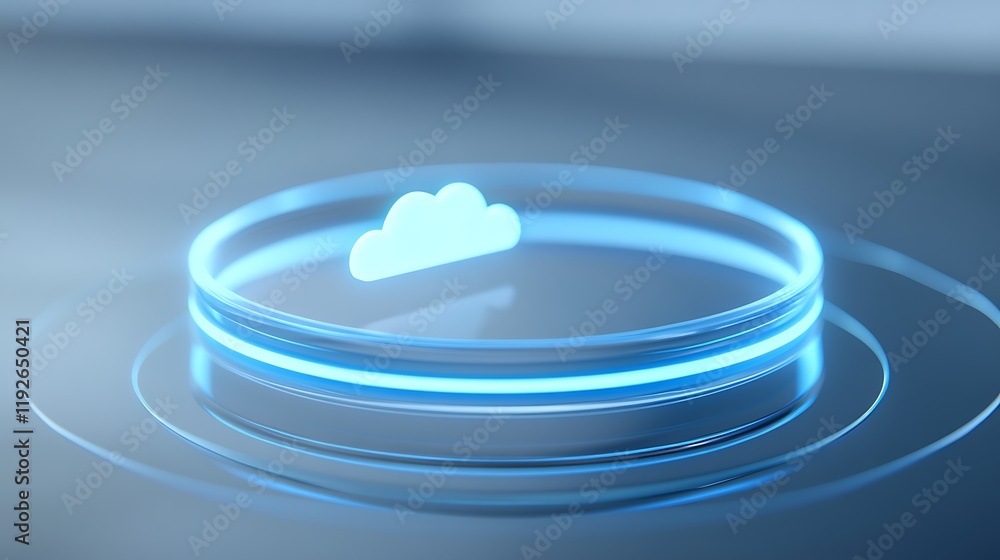 Poster futuristic cloud icon in neon blue circle on a soft background for digital technology concepts