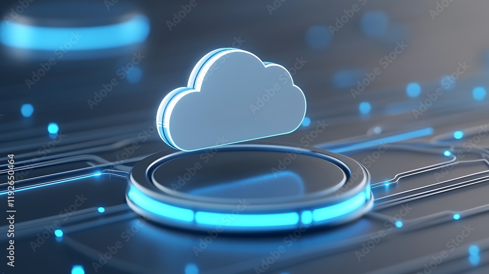 Poster futuristic cloud icon on circuit background with glowing blue lights for digital network concepts