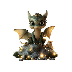 Obraz premium Adorable Baby Dragon with Fireflies on a Rock