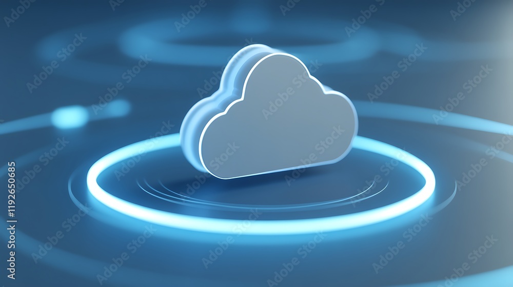Poster futuristic cloud icon with neon glow and circular line patterns on blue background for digital techn