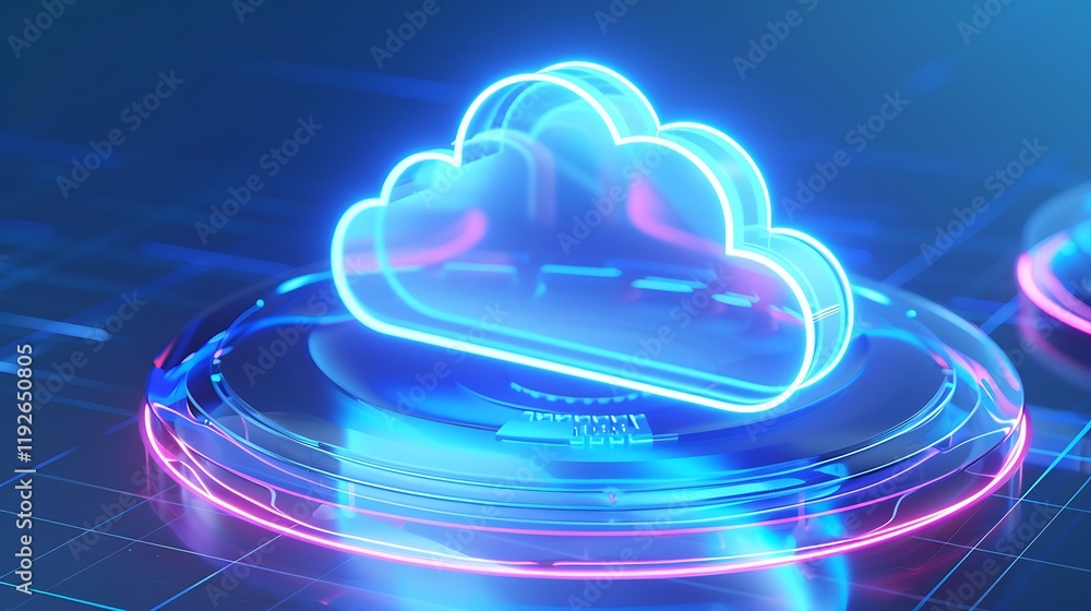 Poster futuristic cloud icon with neon glow on digital interface for technology and data storage concepts