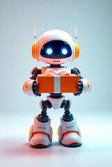 A small, friendly robot holds a bright orange gift box with a bow, showcasing its glowing blue eyes and cheerful demeanor. The background is simple and clean, enhancing the focus on the robot.