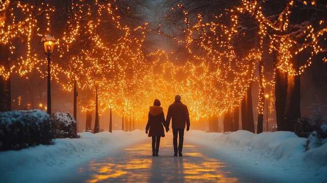 Winter evening scene with a couple holding hands, walking through a serene snow-covered park illuminated by festive lights.