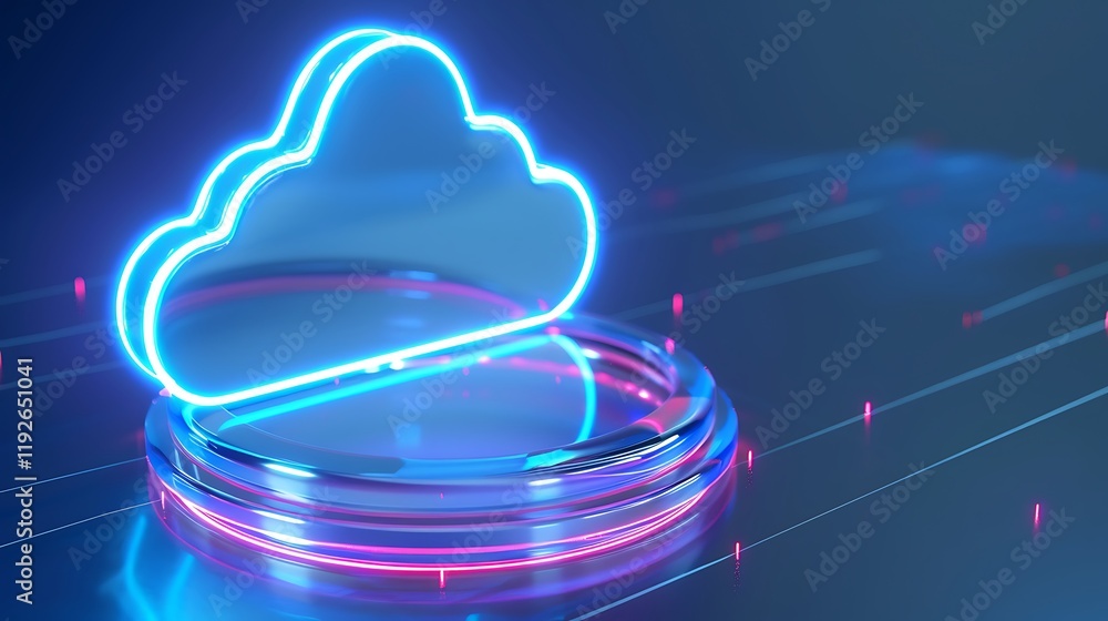 Poster futuristic cloud interface with neon glow on reflective surface in digital technology concept