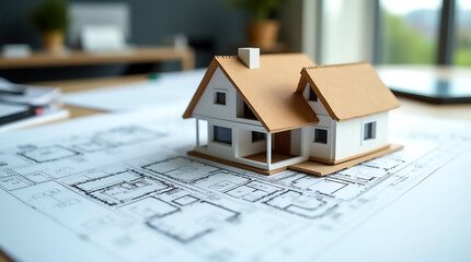 A detailed model of a house is positioned on architectural blueprints in a modern office setting, showcasing the design and planning phase of construction projects.
