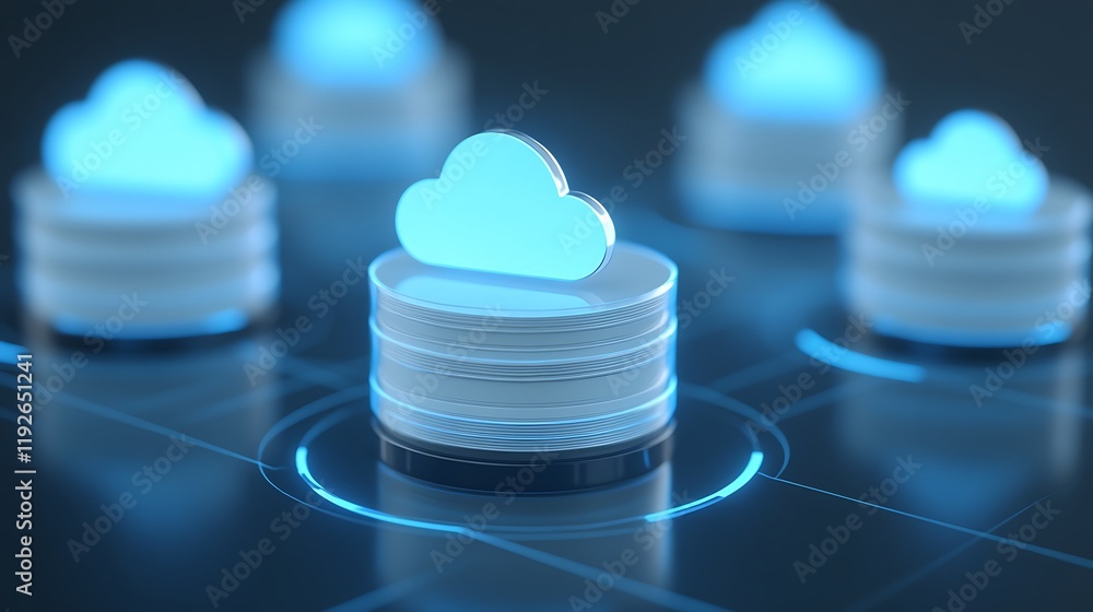 Poster futuristic cloud storage concept with data stacks and blue lighting in digital environment