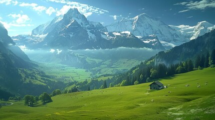 Obraz premium Idyllic Swiss Valley with Green Pastures and Snow-Capped Peaks