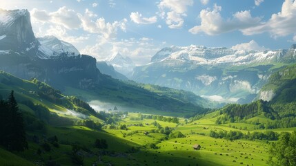 Obraz premium Idyllic Swiss Valley with Green Pastures and Snow-Capped Peaks