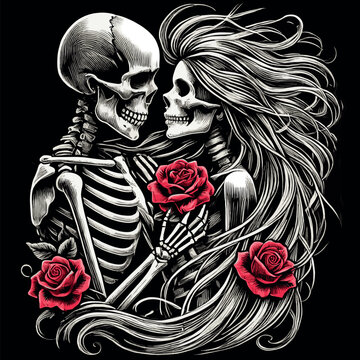 Vector t-shirt design gothic couple skeleton holding a red rose 