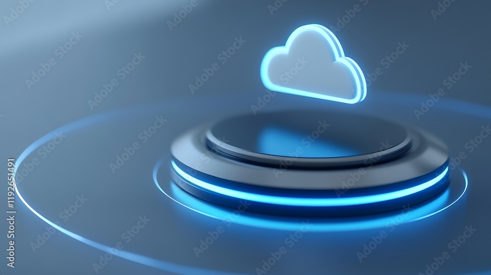 Poster futuristic cloud storage icon with blue neon glow on minimalistic circular base in digital environme