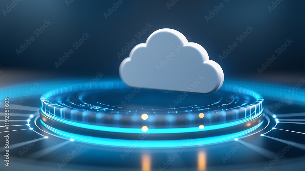Poster futuristic cloud symbol for data storage and digital networking with blue neon glow and technology d