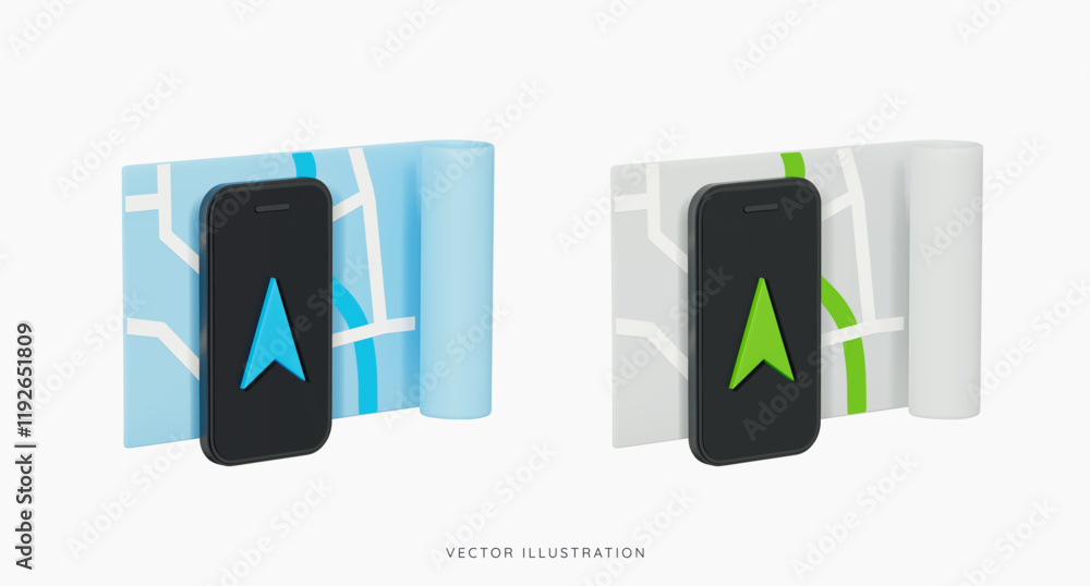 Poster 3d phone with gps mobile navigator and paper map. location tracking concept. directional arrow on sc